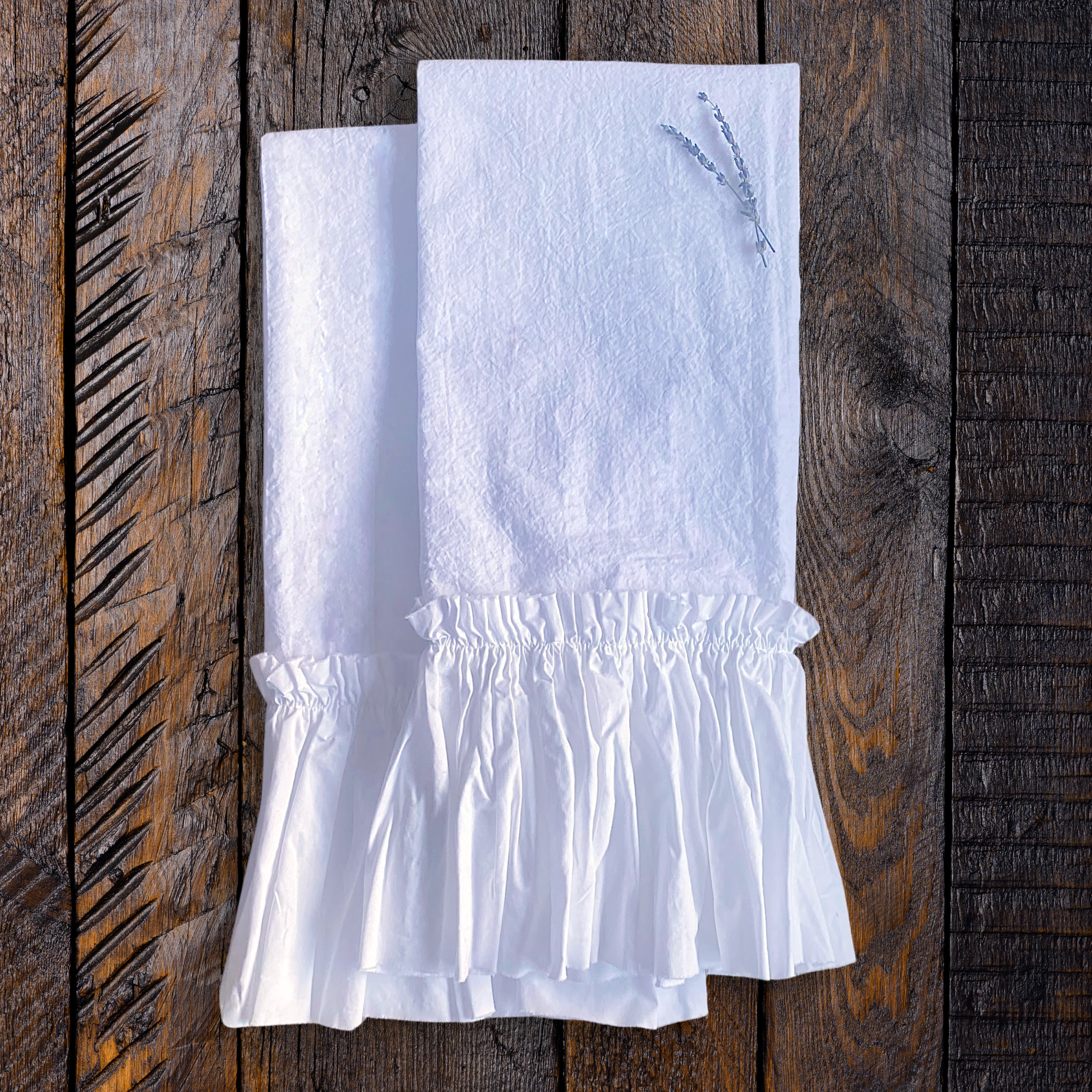 Set of Two Shabby Chic White Ruffled Tea Towels