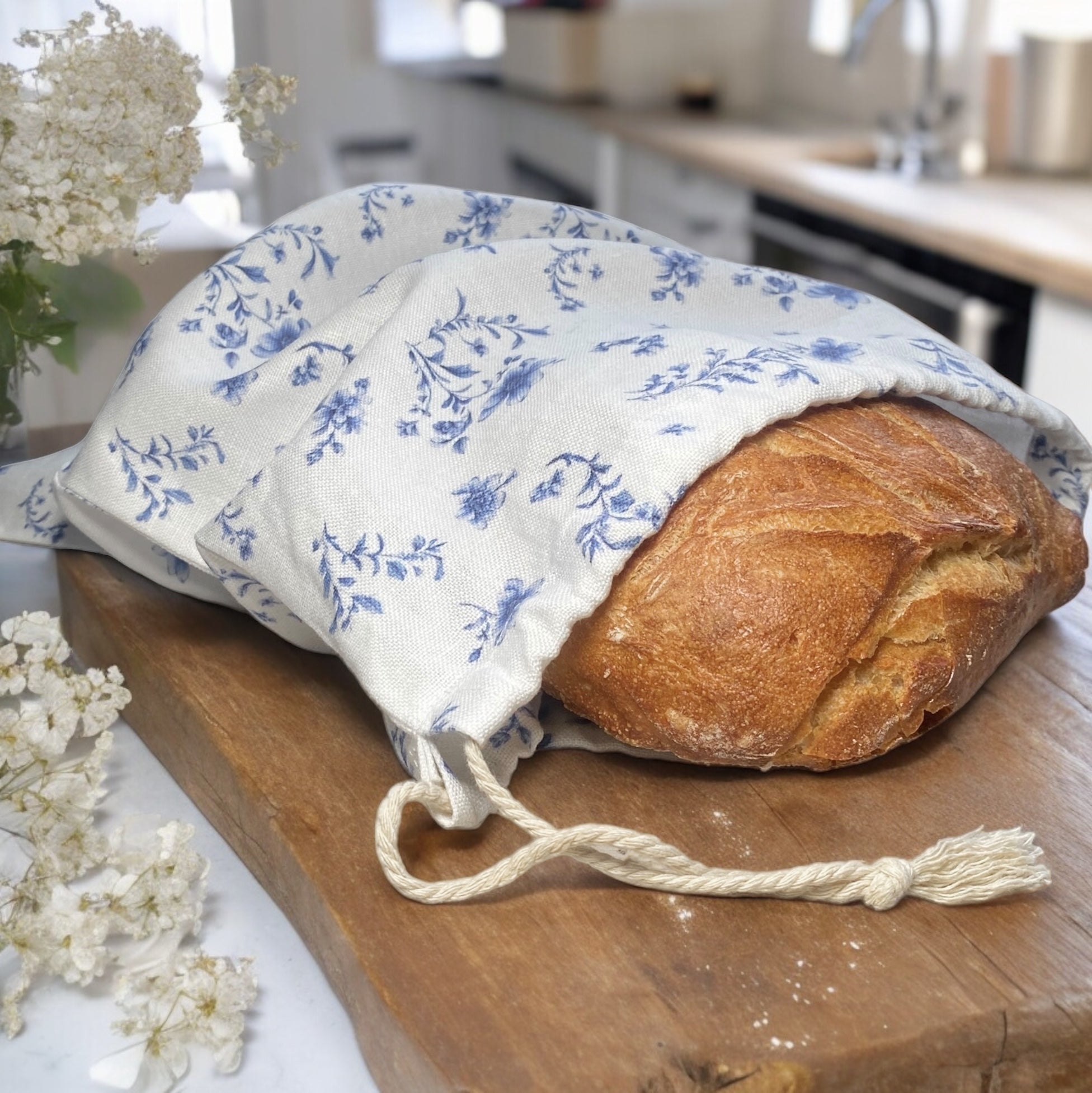 Floral Linen Bread Bag - Bread Bag for Homemade Sourdough Bread - Reusable Produce Bag 